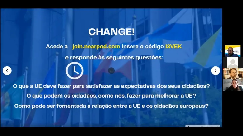 Videoconference still showing the word "Change!" and instructions for the participants on how to answer questions online.